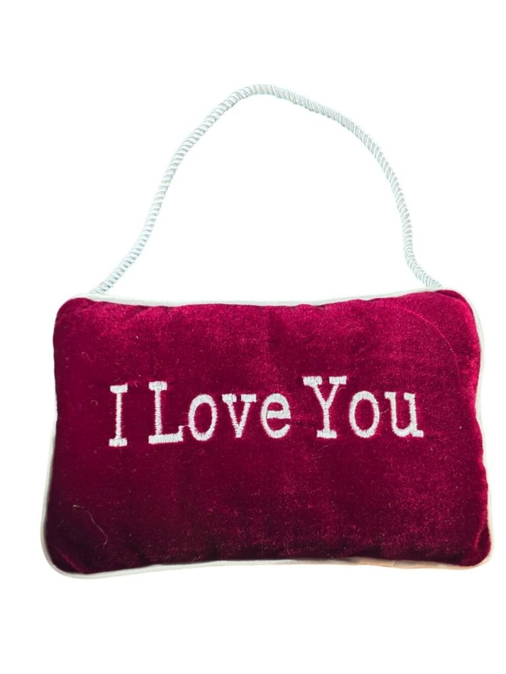I Love You Embroidered Red Velvet Hanging Pillow White Rope Romantic Valentine